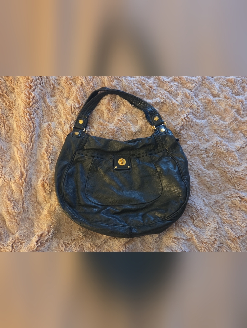 Black Leather Shoulder Bag with Gold Turn-Lock
